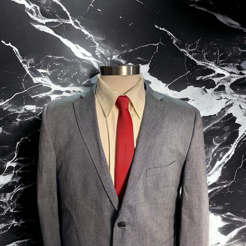 Saddlebred Mens Grey Gingham 2 Button Suit Jacket Blazer Size 44R 100% Cotton